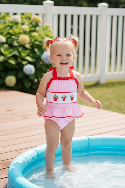 Pink stripe seersucker strawberry smocked one-piece swimsuit