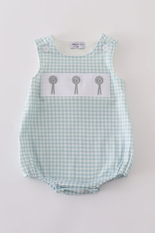 Green farm windmill embroidery gingham bubble