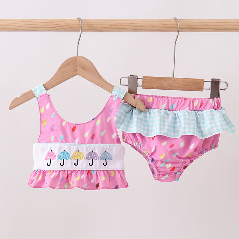 Hot Pink Umbrella Embroidered UPF Swim Set